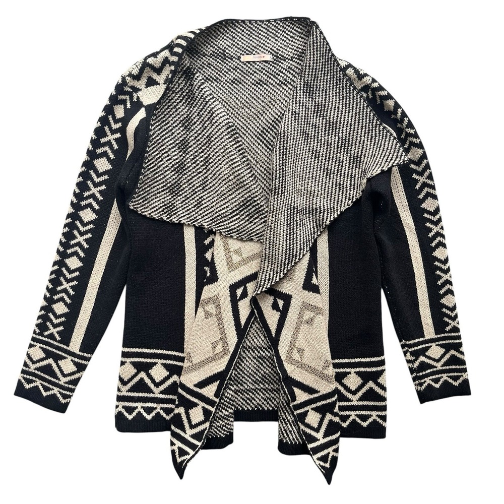 Banana USA Womens S Black Cream Gold Tribal Geometric Draped Open Front Cardigan